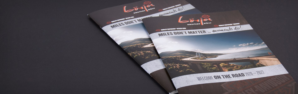 Printdesign – Börjes American Bikes GmbH und Co. KG – Reise-„Magalog“ Miles don't matter ... moments do!